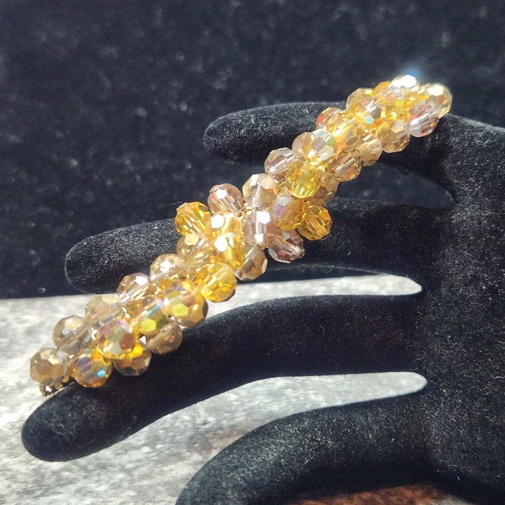 Vintage Amber AB Crystal Bead Bar Brooch Gold Tone Iridescent Cluster Pin